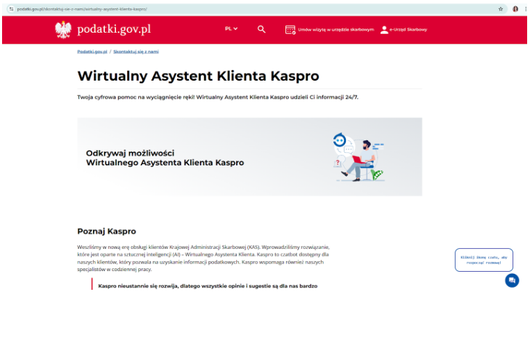 KASPRO – wirtualny asystent Ministerstwa Finansów, dostępny na stronie podatki.gov.pl

