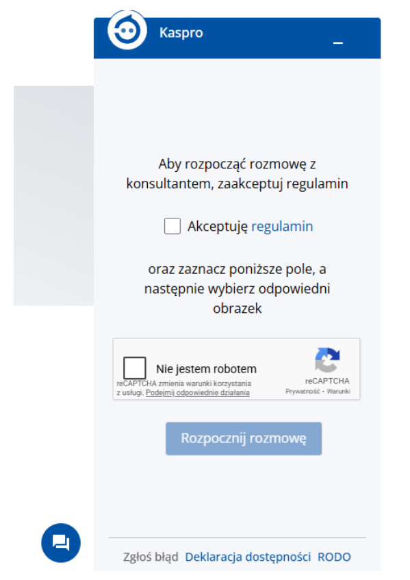 Okno dialogowe chatbota KASPRO – pierwszy widok; wymaga akceptacji regulaminu oraz zaznaczenia okienka CAPTCHA
