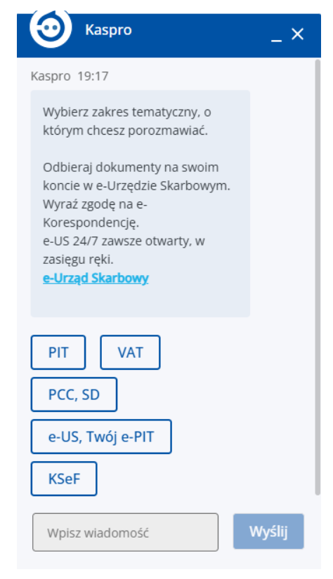 Widok wyboru tematów rozmowy – chatbot KASPRO