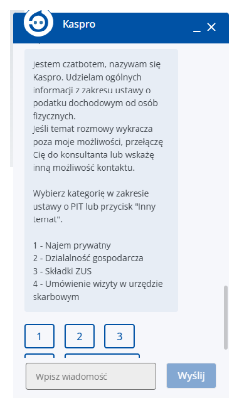 Możliwość wyboru (poprzez kliknięcie) tematów rozmowy w zakresie PIT – temat, np. najem prywatny należy wybrać przez kliknięcie na odpowiedni przycisk z numerem
