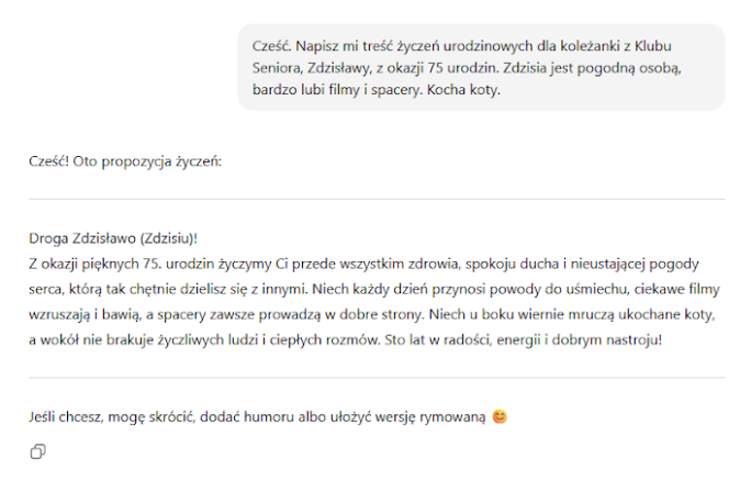 Przykładowa konwersacja (generowanie życzeń) z chatbotem AI